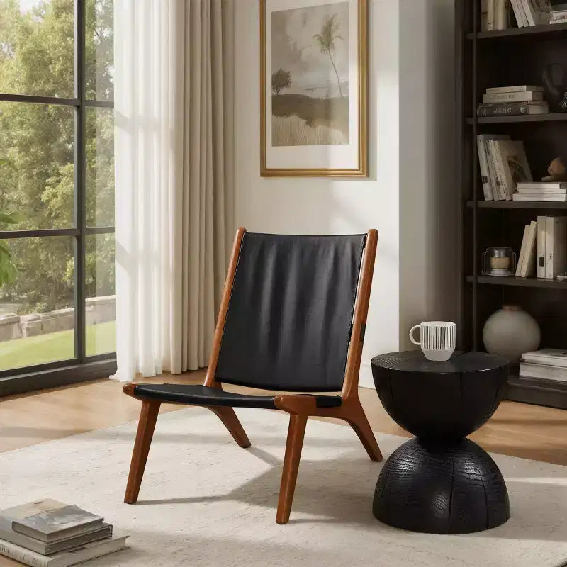 Chaise longue d'appoint moderne en cuir véritable avec cadre en bois, sans accoudoirs, noire