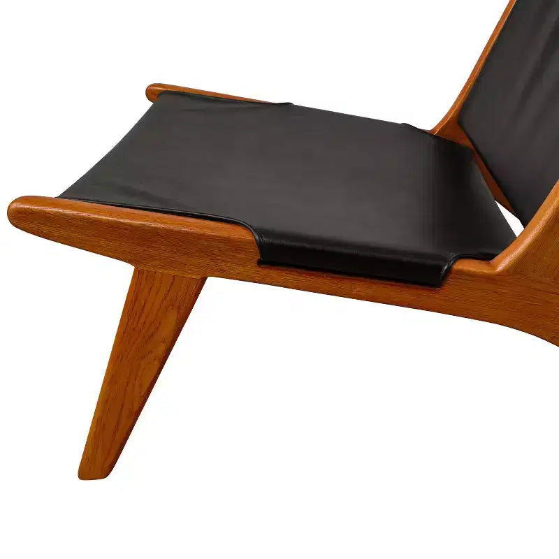 Chaise longue d'appoint moderne en cuir véritable avec cadre en bois, sans accoudoirs, noire