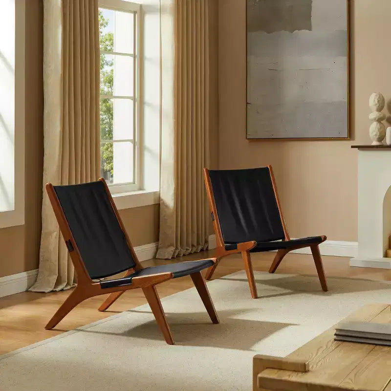 Chaise longue d'appoint moderne en cuir véritable avec cadre en bois, sans accoudoirs, noire