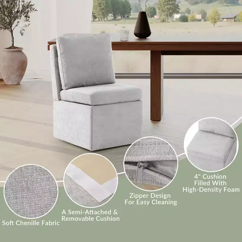 Chaises de salle à manger sans accoudoirs modernes rembourrées en chenille avec roulettes