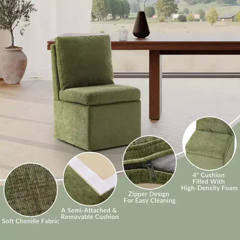 Chaises de salle à manger sans accoudoirs modernes rembourrées en chenille avec roulettes