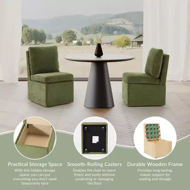 Chaises de salle à manger sans accoudoirs modernes rembourrées en chenille avec roulettes