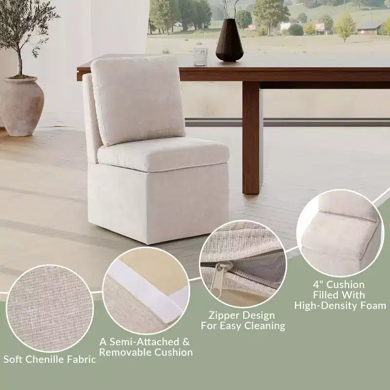 Chaises de salle à manger sans accoudoirs modernes rembourrées en chenille avec roulettes