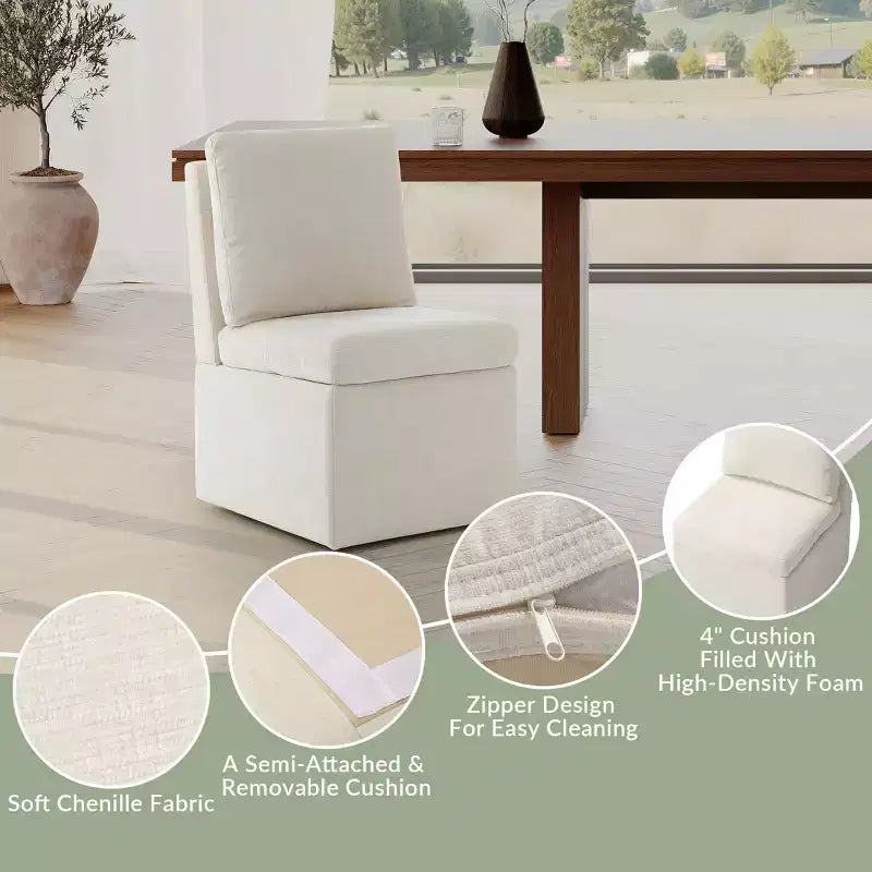 Chaises de salle à manger sans accoudoirs modernes rembourrées en chenille avec roulettes