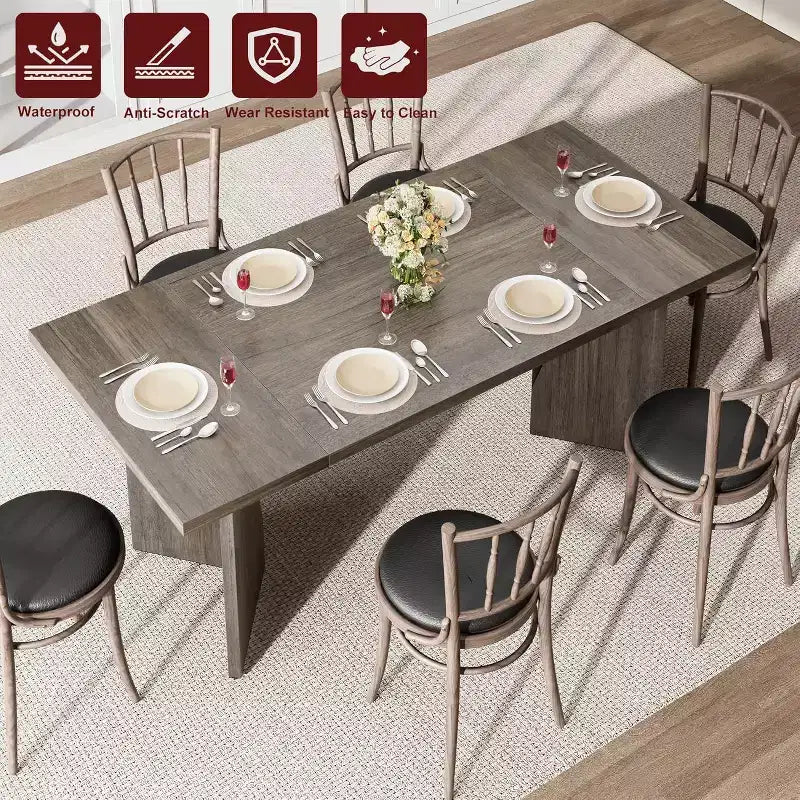 71 Inch Rectangular Dining Table for 6, Rustic Farmhouse Kitchen Table with Heavy Duty Legs