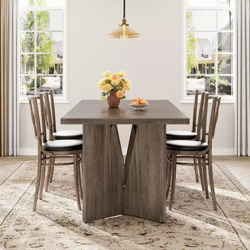 71 Inch Rectangular Dining Table for 6, Rustic Farmhouse Kitchen Table with Heavy Duty Legs