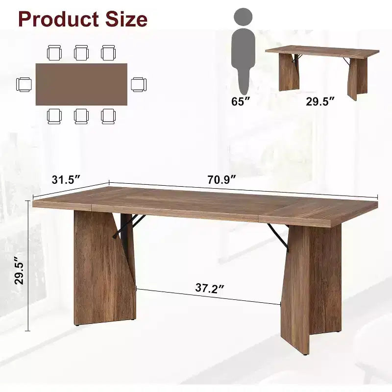 71 Inch Rectangular Dining Table for 6, Rustic Farmhouse Kitchen Table with Heavy Duty Legs