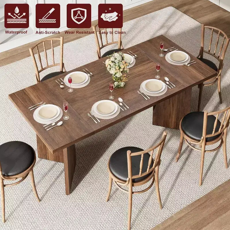 71 Inch Rectangular Dining Table for 6, Rustic Farmhouse Kitchen Table with Heavy Duty Legs