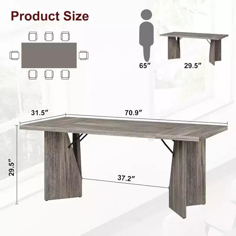 71 Inch Rectangular Dining Table for 6, Rustic Farmhouse Kitchen Table with Heavy Duty Legs