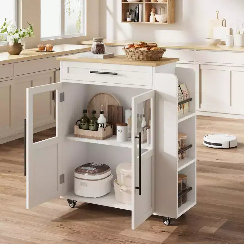 Rolling Wooden Kitchen Island with Drawer, Kitchen Cart with Storage Cabinet on Wheels, Thicker Wooden Top Trolley Island with 3 Spice Rack