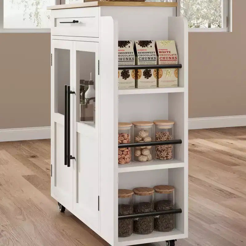 Rolling Wooden Kitchen Island with Drawer, Kitchen Cart with Storage Cabinet on Wheels, Thicker Wooden Top Trolley Island with 3 Spice Rack