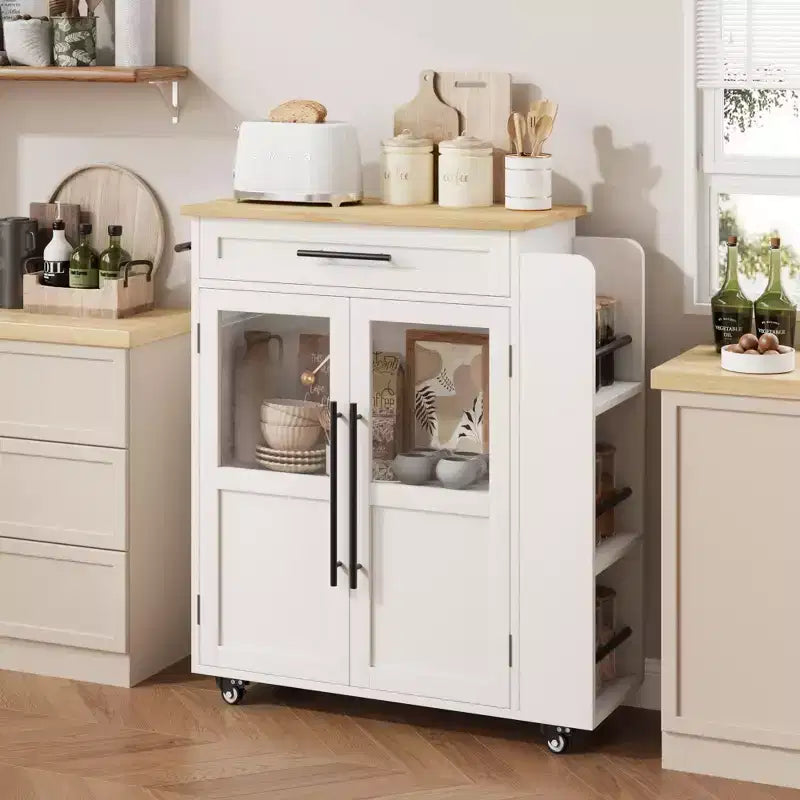 Rolling Wooden Kitchen Island with Drawer, Kitchen Cart with Storage Cabinet on Wheels, Thicker Wooden Top Trolley Island with 3 Spice Rack