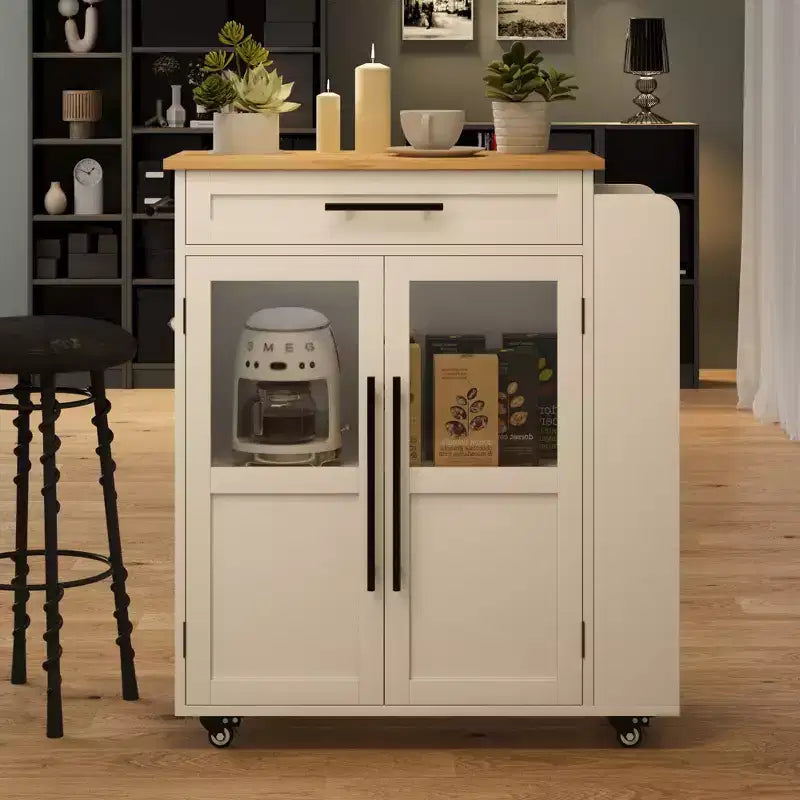 Rolling Wooden Kitchen Island with Drawer, Kitchen Cart with Storage Cabinet on Wheels, Thicker Wooden Top Trolley Island with 3 Spice Rack