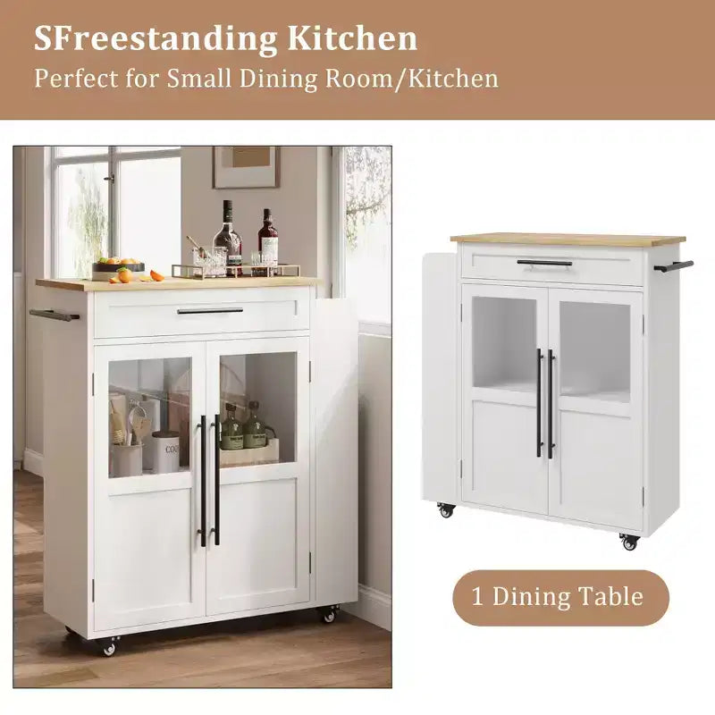Rolling Wooden Kitchen Island with Drawer, Kitchen Cart with Storage Cabinet on Wheels, Thicker Wooden Top Trolley Island with 3 Spice Rack