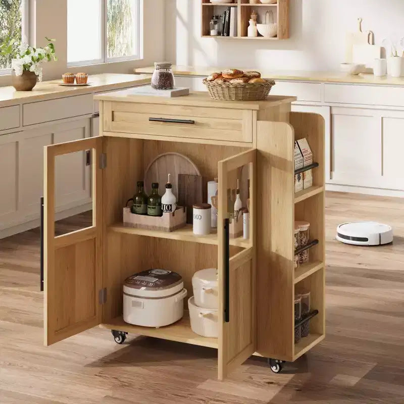 Rolling Wooden Kitchen Island with Drawer, Kitchen Cart with Storage Cabinet on Wheels, Thicker Wooden Top Trolley Island with 3 Spice Rack