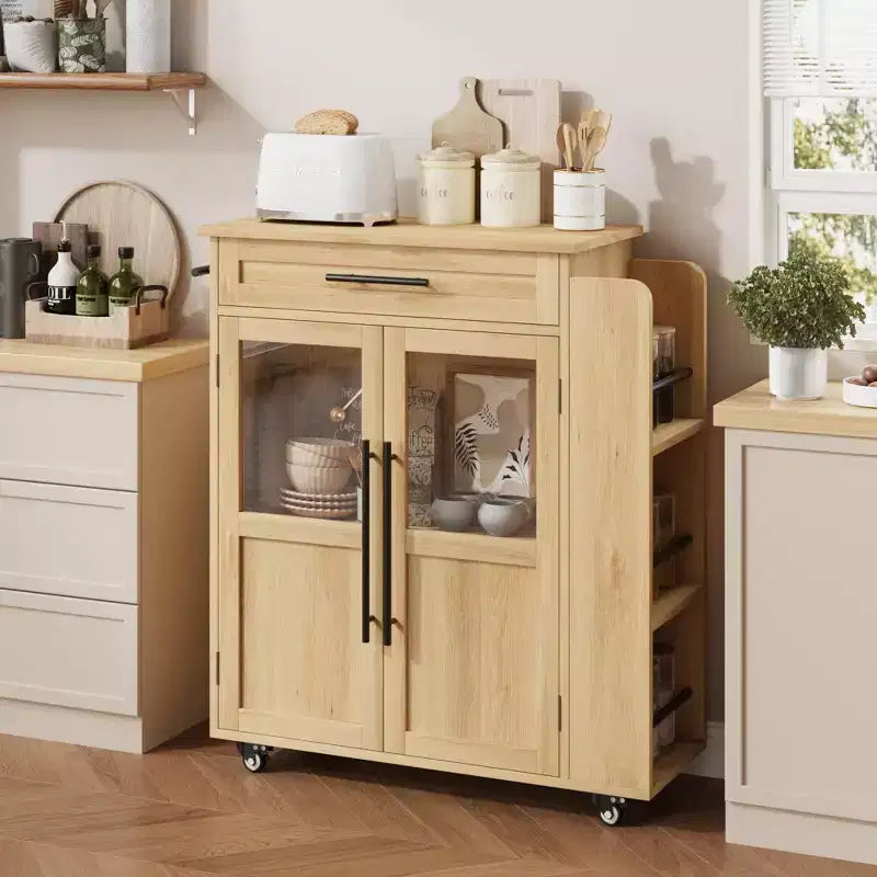 Rolling Wooden Kitchen Island with Drawer, Kitchen Cart with Storage Cabinet on Wheels, Thicker Wooden Top Trolley Island with 3 Spice Rack