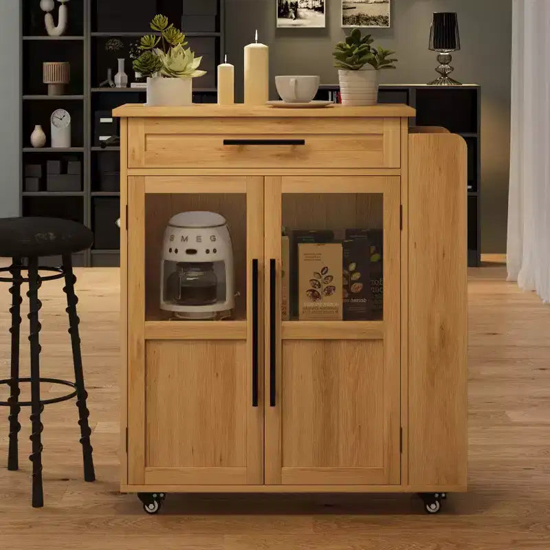 Rolling Wooden Kitchen Island with Drawer, Kitchen Cart with Storage Cabinet on Wheels, Thicker Wooden Top Trolley Island with 3 Spice Rack
