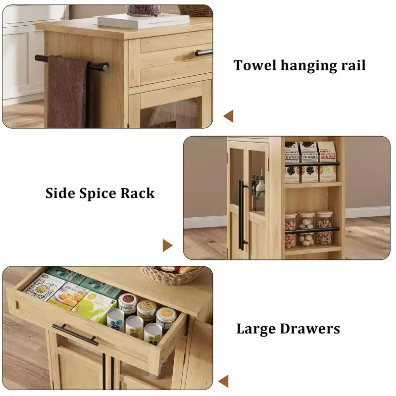 Rolling Wooden Kitchen Island with Drawer, Kitchen Cart with Storage Cabinet on Wheels, Thicker Wooden Top Trolley Island with 3 Spice Rack