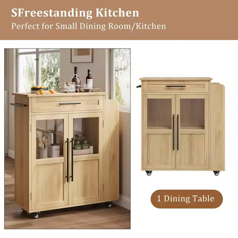 Rolling Wooden Kitchen Island with Drawer, Kitchen Cart with Storage Cabinet on Wheels, Thicker Wooden Top Trolley Island with 3 Spice Rack