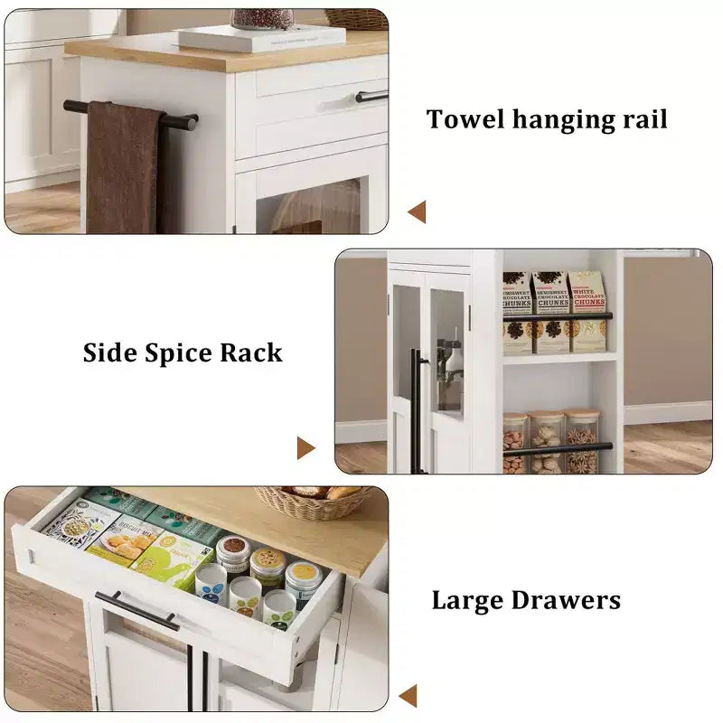 Rolling Wooden Kitchen Island with Drawer, Kitchen Cart with Storage Cabinet on Wheels, Thicker Wooden Top Trolley Island with 3 Spice Rack