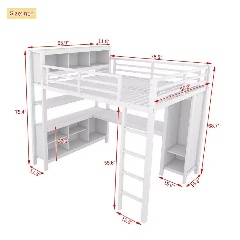 Okak Full/Queen Size Loft Bed with Wardrobe & L-Shaped Desk,Heavy Duty Metal Bunk Beds with Storage,High Loft Beds for Teens & Adults