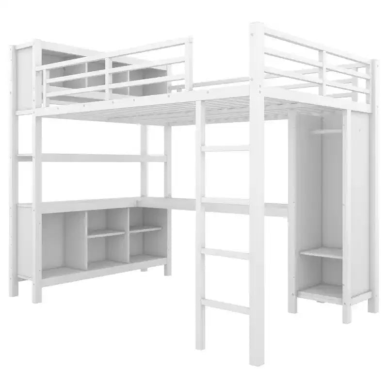 Okak Full/Queen Size Loft Bed with Wardrobe & L-Shaped Desk,Heavy Duty Metal Bunk Beds with Storage,High Loft Beds for Teens & Adults
