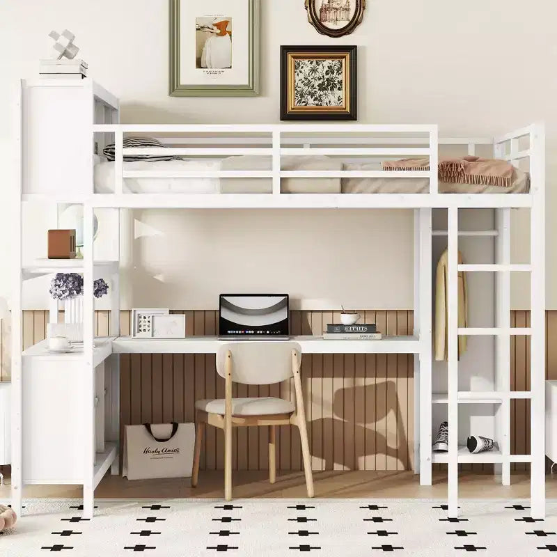 Okak Full/Queen Size Loft Bed with Wardrobe & L-Shaped Desk,Heavy Duty Metal Bunk Beds with Storage,High Loft Beds for Teens & Adults