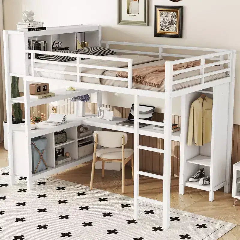 Okak Full/Queen Size Loft Bed with Wardrobe & L-Shaped Desk,Heavy Duty Metal Bunk Beds with Storage,High Loft Beds for Teens & Adults