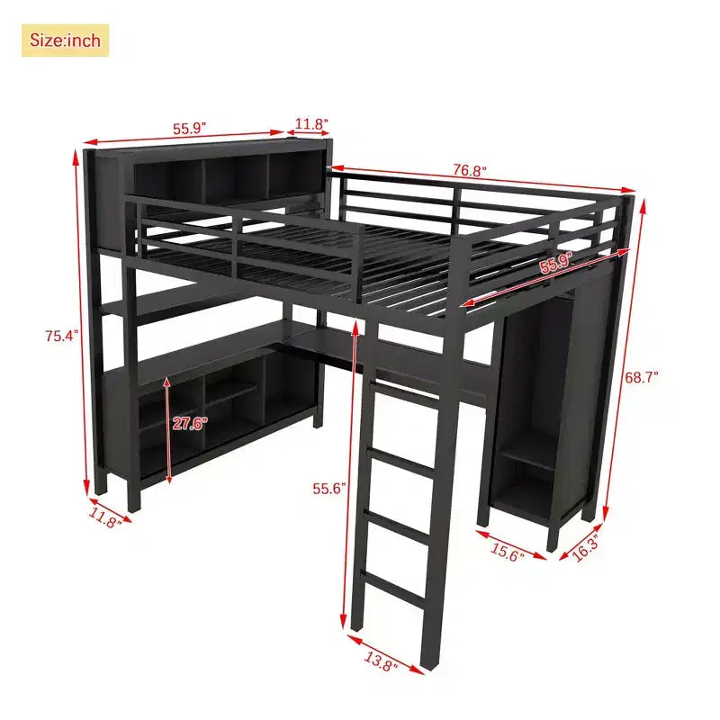 Okak Full/Queen Size Loft Bed with Wardrobe & L-Shaped Desk,Heavy Duty Metal Bunk Beds with Storage,High Loft Beds for Teens & Adults