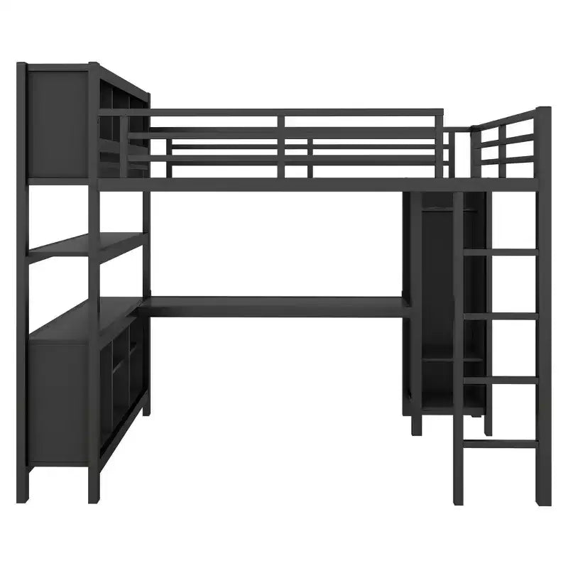 Okak Full/Queen Size Loft Bed with Wardrobe & L-Shaped Desk,Heavy Duty Metal Bunk Beds with Storage,High Loft Beds for Teens & Adults
