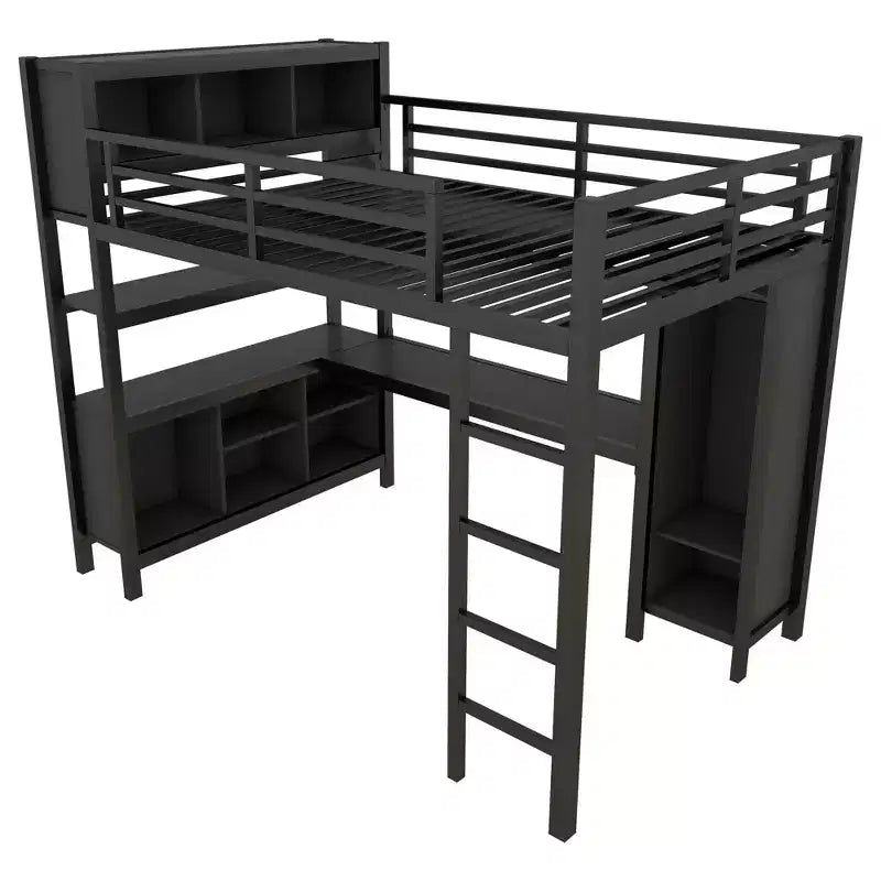 Okak Full/Queen Size Loft Bed with Wardrobe & L-Shaped Desk,Heavy Duty Metal Bunk Beds with Storage,High Loft Beds for Teens & Adults