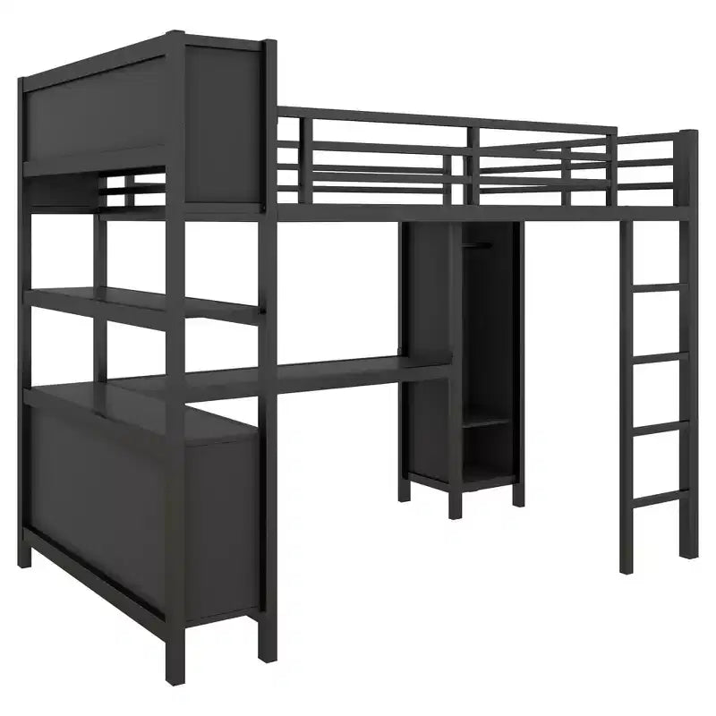 Okak Full/Queen Size Loft Bed with Wardrobe & L-Shaped Desk,Heavy Duty Metal Bunk Beds with Storage,High Loft Beds for Teens & Adults