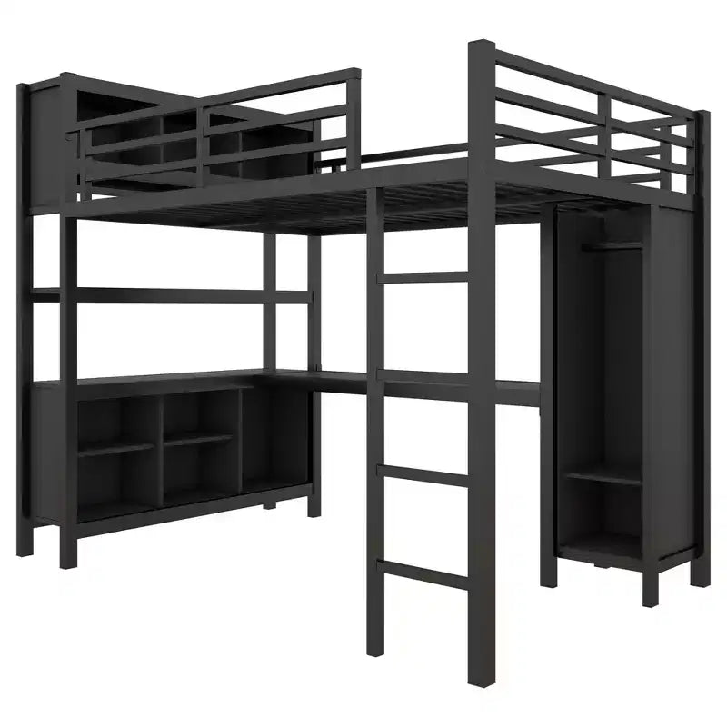 Okak Full/Queen Size Loft Bed with Wardrobe & L-Shaped Desk,Heavy Duty Metal Bunk Beds with Storage,High Loft Beds for Teens & Adults