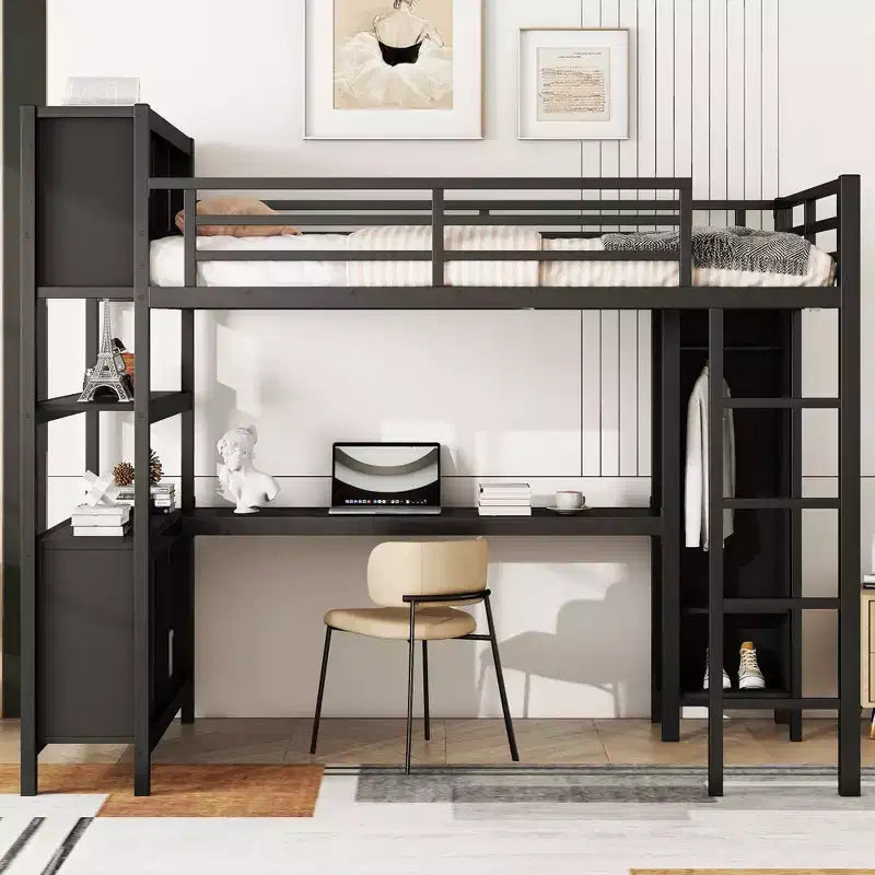 Okak Full/Queen Size Loft Bed with Wardrobe & L-Shaped Desk,Heavy Duty Metal Bunk Beds with Storage,High Loft Beds for Teens & Adults