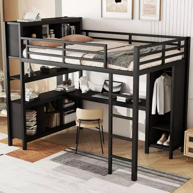 Okak Full/Queen Size Loft Bed with Wardrobe & L-Shaped Desk,Heavy Duty Metal Bunk Beds with Storage,High Loft Beds for Teens & Adults
