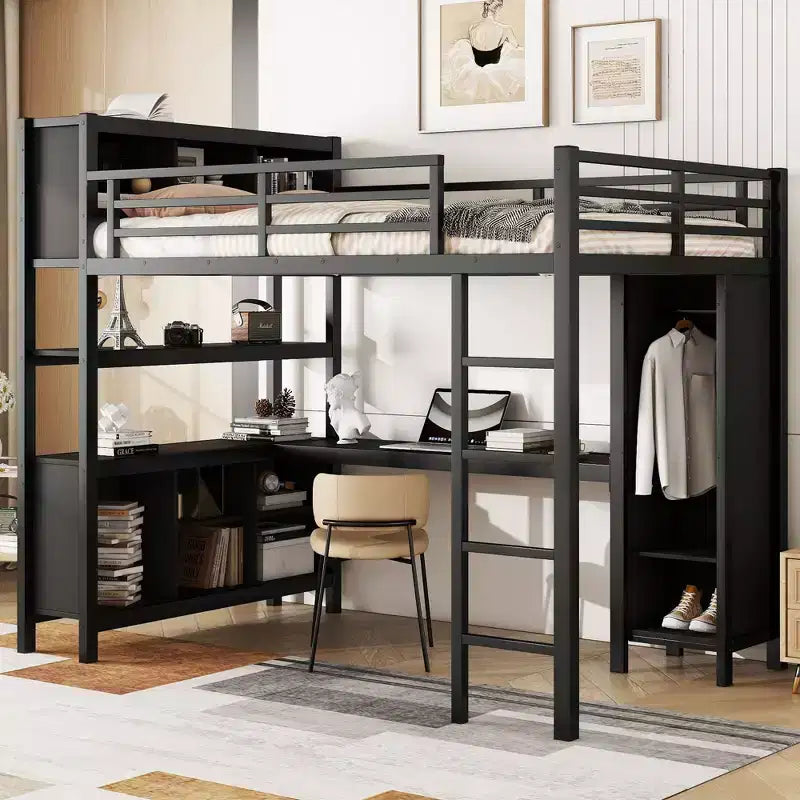 Okak Full/Queen Size Loft Bed with Wardrobe & L-Shaped Desk,Heavy Duty Metal Bunk Beds with Storage,High Loft Beds for Teens & Adults