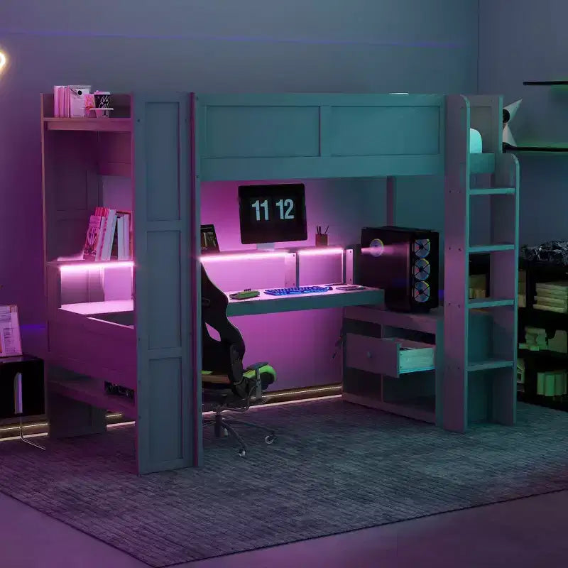 Okak Full/Twin Size Wooden Loft Bed with Desk & Multi-storage Shelves,Bunk Bed with LEDs,Charging Station,Multi-Functional Loft Beds for Kids,Teens