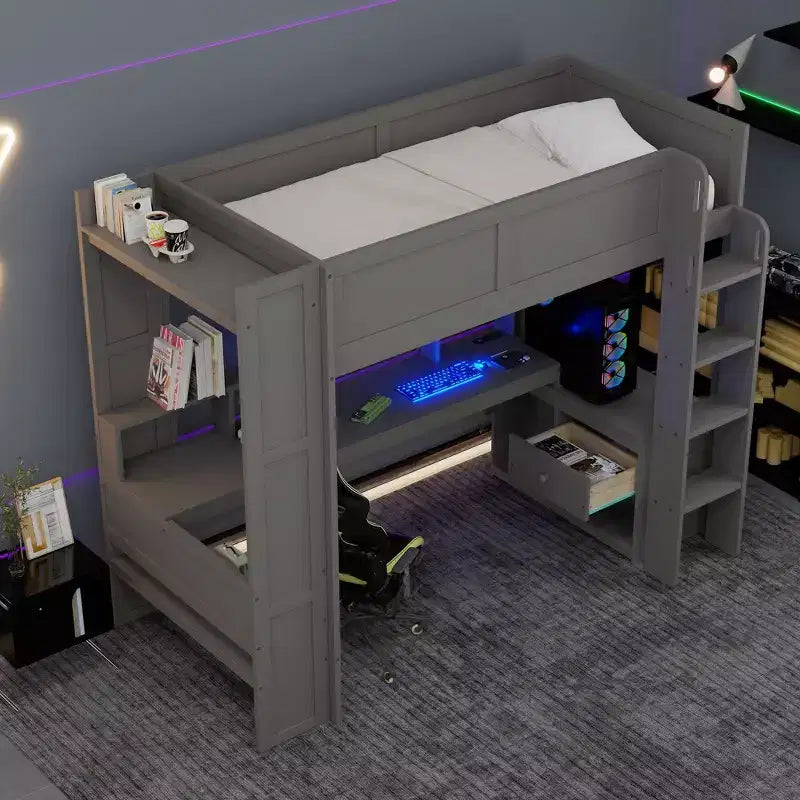 Okak Full/Twin Size Wooden Loft Bed with Desk & Multi-storage Shelves,Bunk Bed with LEDs,Charging Station,Multi-Functional Loft Beds for Kids,Teens