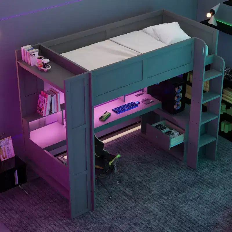 Okak Full/Twin Size Wooden Loft Bed with Desk & Multi-storage Shelves,Bunk Bed with LEDs,Charging Station,Multi-Functional Loft Beds for Kids,Teens