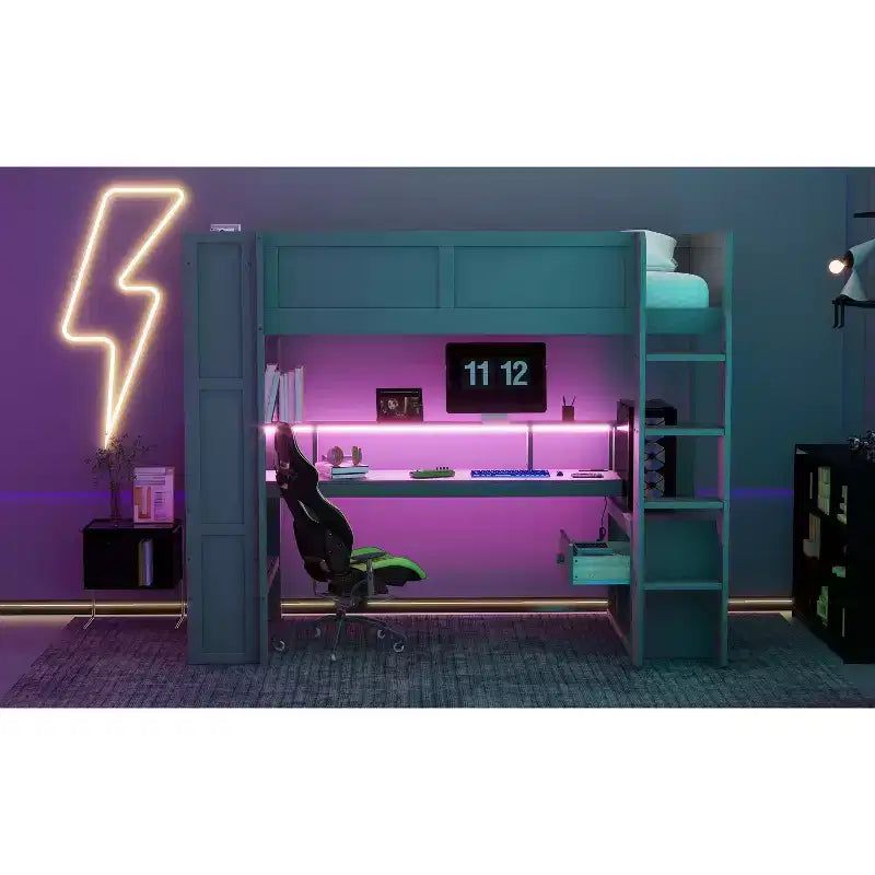 Okak Full/Twin Size Wooden Loft Bed with Desk & Multi-storage Shelves,Bunk Bed with LEDs,Charging Station,Multi-Functional Loft Beds for Kids,Teens