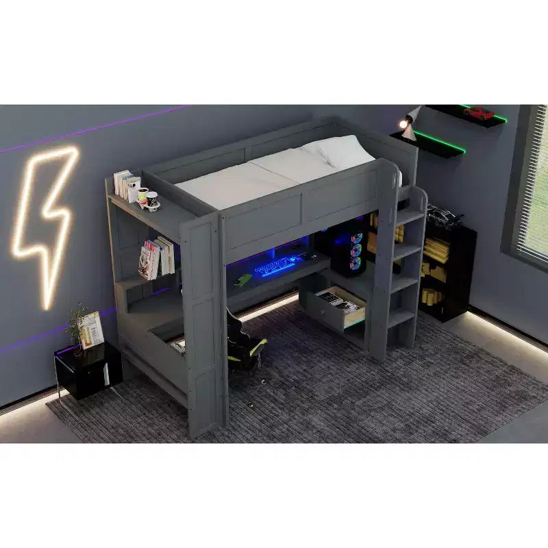 Okak Full/Twin Size Wooden Loft Bed with Desk & Multi-storage Shelves,Bunk Bed with LEDs,Charging Station,Multi-Functional Loft Beds for Kids,Teens