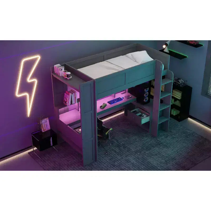 Okak Full/Twin Size Wooden Loft Bed with Desk & Multi-storage Shelves,Bunk Bed with LEDs,Charging Station,Multi-Functional Loft Beds for Kids,Teens