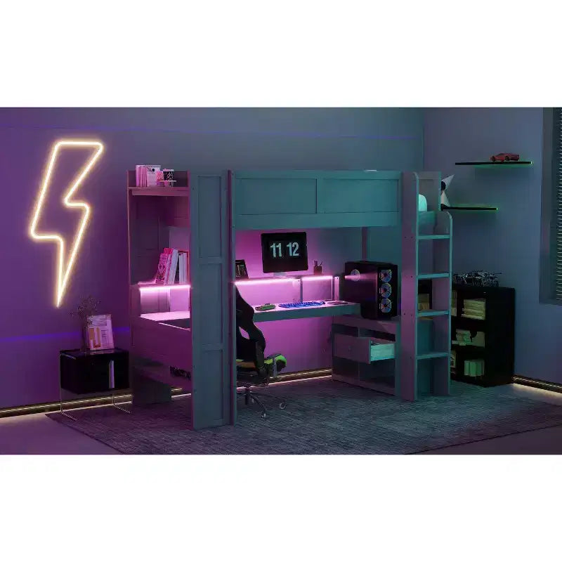 Okak Full/Twin Size Wooden Loft Bed with Desk & Multi-storage Shelves,Bunk Bed with LEDs,Charging Station,Multi-Functional Loft Beds for Kids,Teens