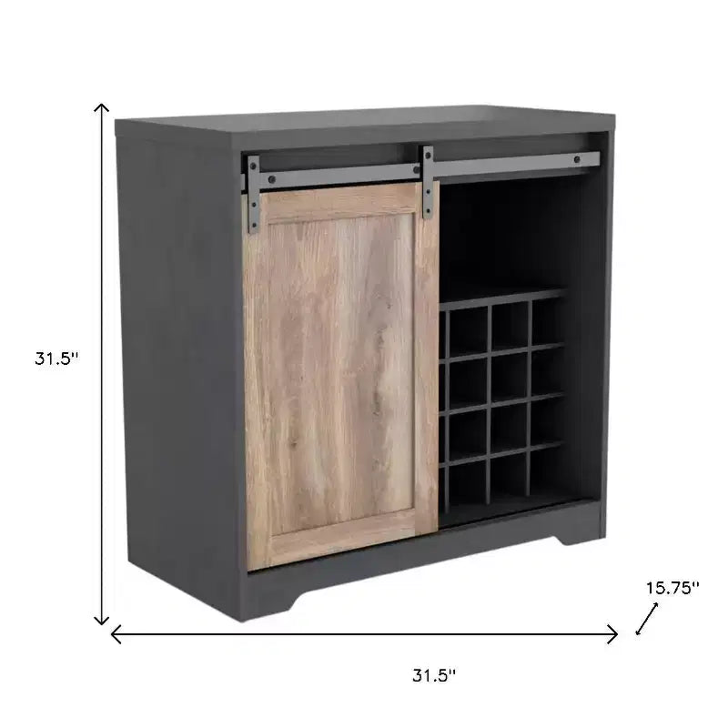 HomeRoots 32 Charcoal And Natural Wood Barn Door Bar Cabinet