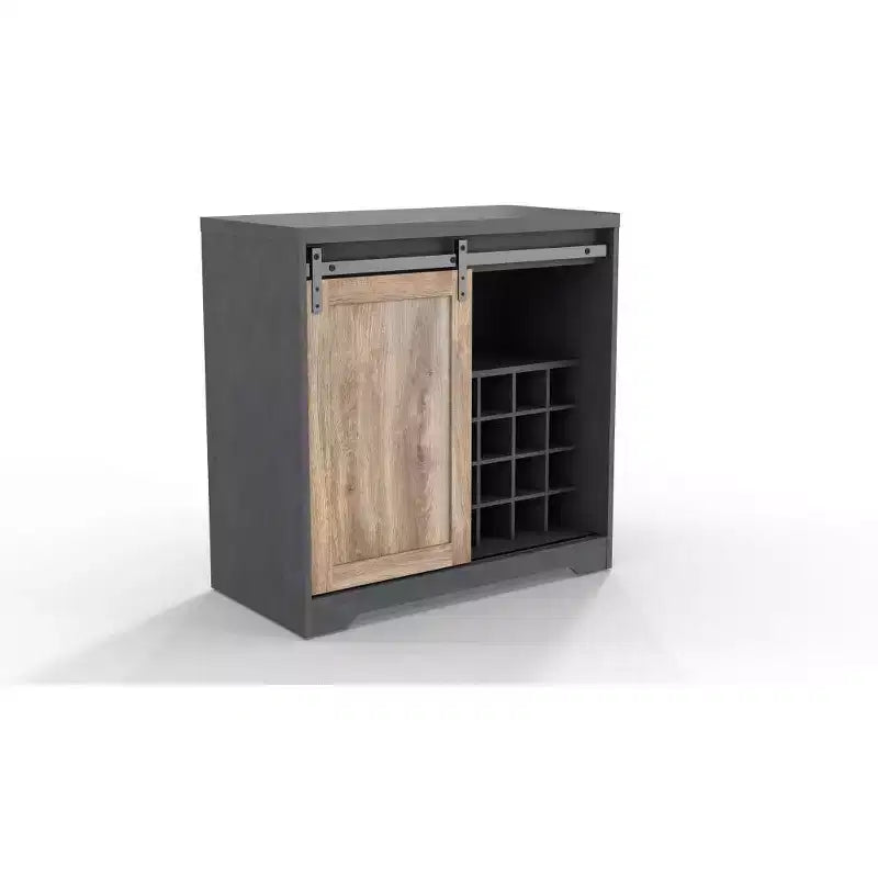 HomeRoots 32 Charcoal And Natural Wood Barn Door Bar Cabinet