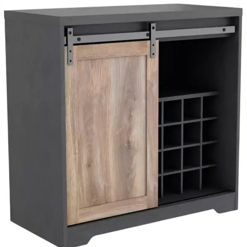 HomeRoots 32 Charcoal And Natural Wood Barn Door Bar Cabinet