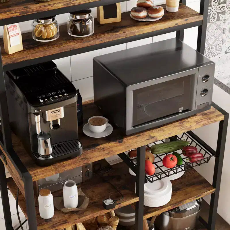 6 Tier Bakers Rack with Power OutletMicrowave Stand and Coffee Bar Table for Kitchen Storage of Spices, and Pans