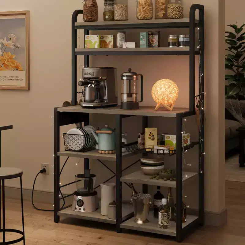 6 Tier Bakers Rack with Power OutletMicrowave Stand and Coffee Bar Table for Kitchen Storage of Spices, and Pans