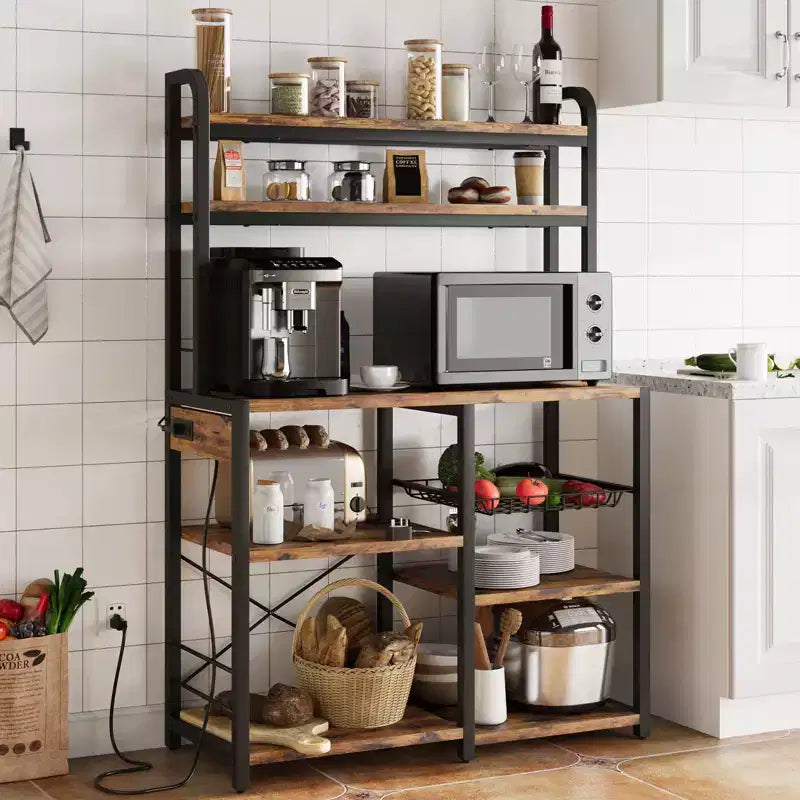 6-Tier Baker's Rack with Power Outlet, Microwave Stand and Coffee Bar Table for Kitchen Storage of Spices and Pans