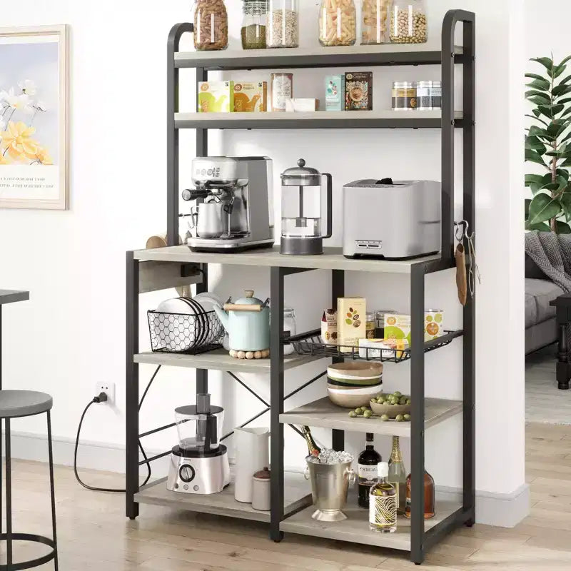 6-Tier Baker's Rack with Power Outlet, Microwave Stand and Coffee Bar Table for Kitchen Storage of Spices and Pans